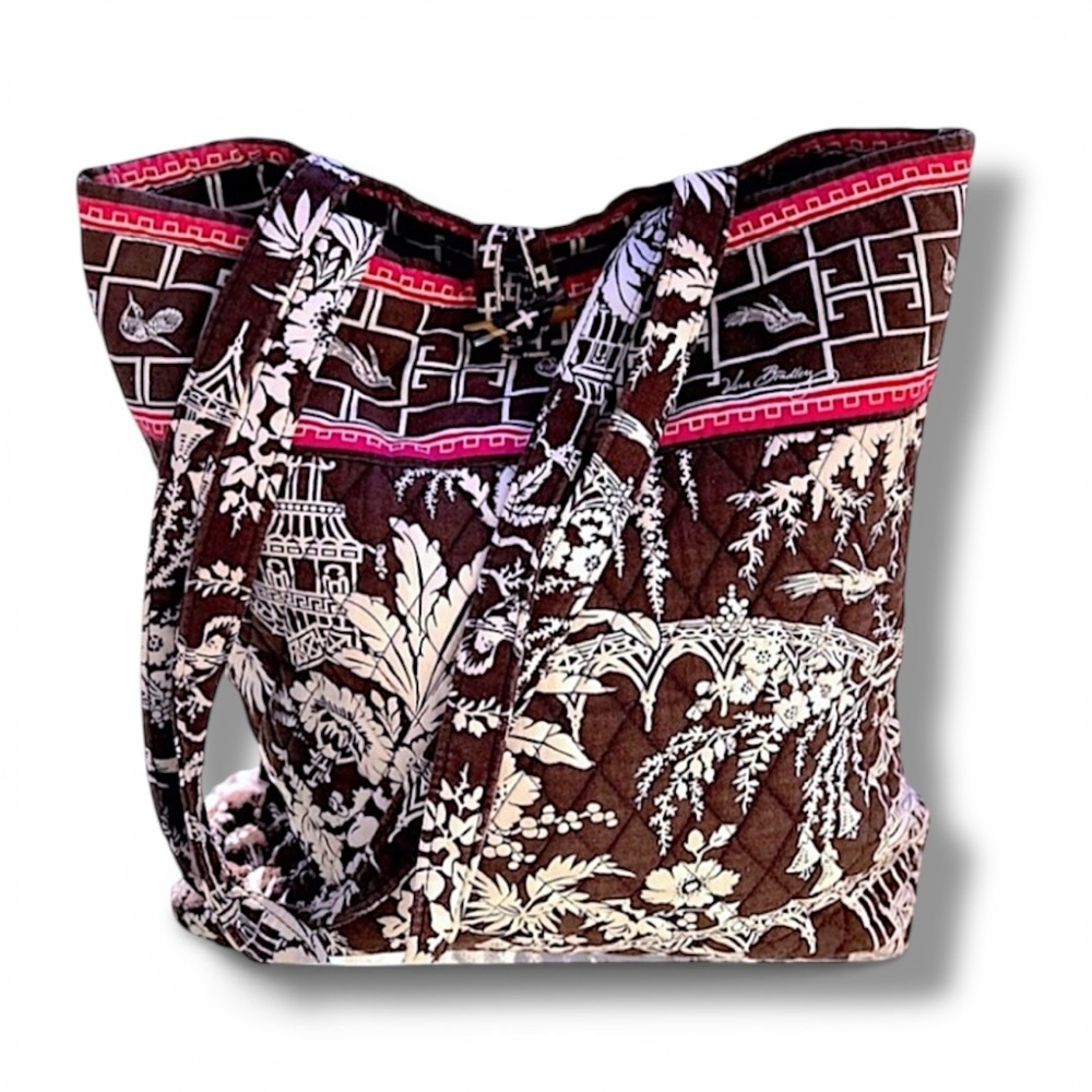 VERA BRADLEY  Large Tote in Brown Pink White Asian Inspired print with pink trim - Picture 2 of 16